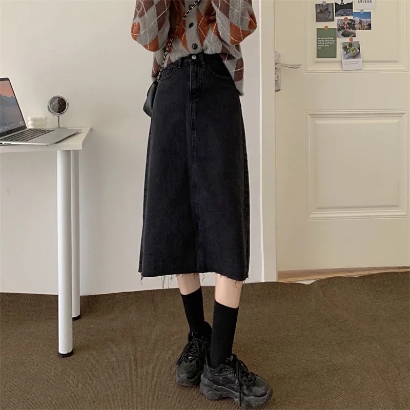 Chân Váy Jean Nữ Màu Đen Dáng Suông Chữ A Basic Phong Cách Vintage Ulzzang Hàn Quốc Chất Loại 1 Mềm Tay Rách Gấu