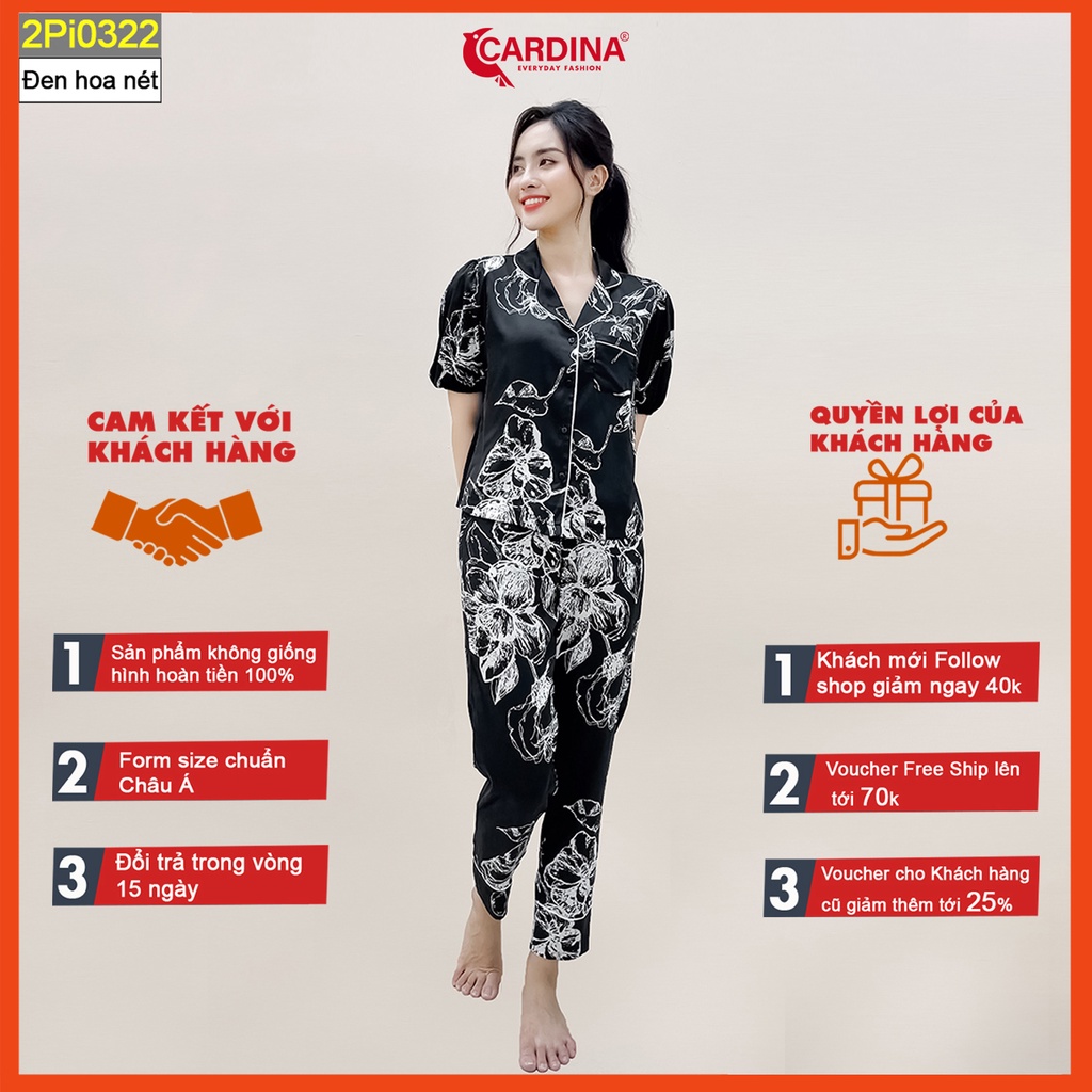 Đồ bộ pijama nữ 𝐂𝐀𝐑𝐃𝐈𝐍𝐀 chất lụa Satin nhật cao cấp áo tay phồng quần dài họa tiết trẻ trung 2Pi03