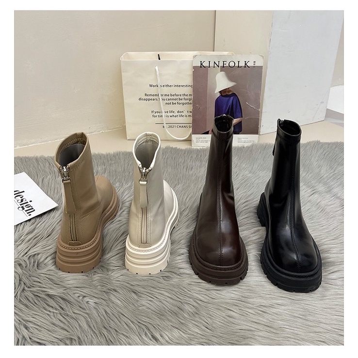Boots nữ cổ ngắn da mềm ôm chân đế dày cao 4cm có khoá kéo