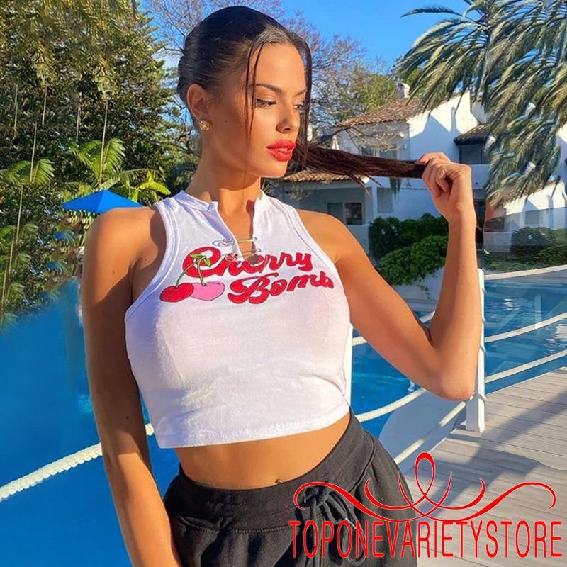 Áo Lửng Cổ V Không Tay In Chữ Thời Trang Cho Nữ