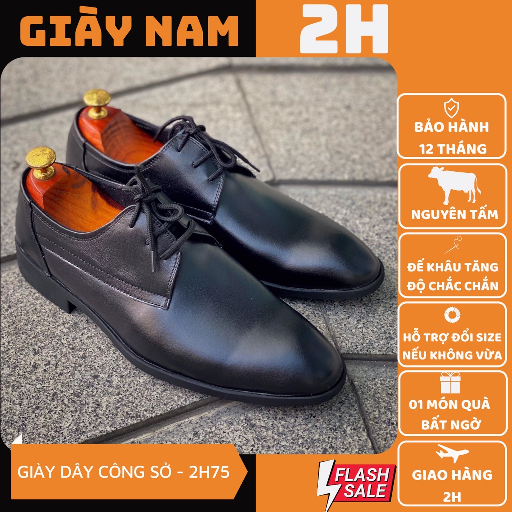 Giày nam công sở da bò nguyên tấm Napa, buộc dây, da bò đên trơn nhẵn phối đồ âu, đi êm chân SHOES 2H – 75