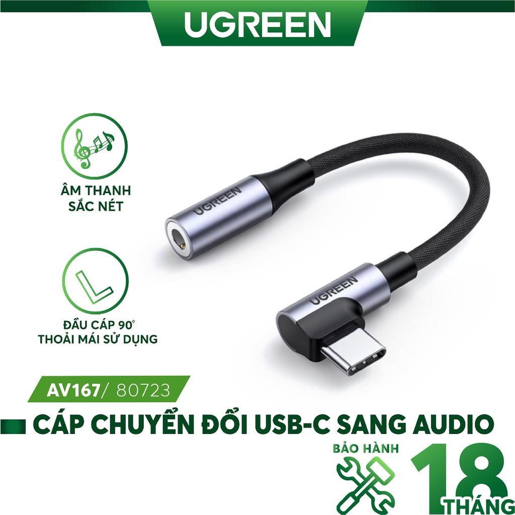 Dây giắc chuyển đổi cổng USB-C đầu vuông góc sang giắc cắm 3.5mm UGREEN AV167 80723