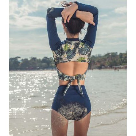 (Xem bảng size) Bikini hoa biển màu xanh dương nhiệt đới, cut out lưng sexy quần cạp cao ôm fom tôn dáng