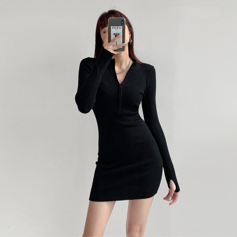 Đầm body nữ kéo khóa tay dài, Váy ôm body sexy cổ chữ V mặc đi chơi, dự tiệc siêu xinh, tôn dáng cực đỉnh, VAY017
