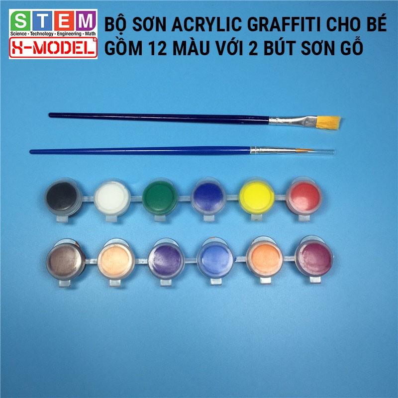 Đồ chơi sáng tạo STEM Bộ dụng cụ tô màu acrylic graffiti 12 màu kèm 2 bút vẽ sơn XMODEL...