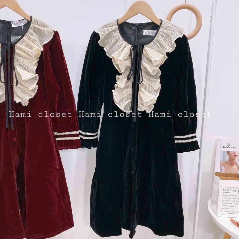 Váy nhung viền bèo tiêu thư hàng quảng châu cao cấp