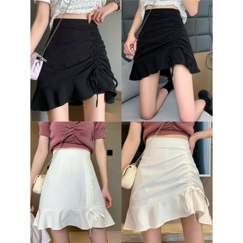 Chân Váy Nữ Chữ A Dây Rút Viền Bèo 🦋 Nhúm Cạp Chun Chất Đũi 2 Màu 🦋