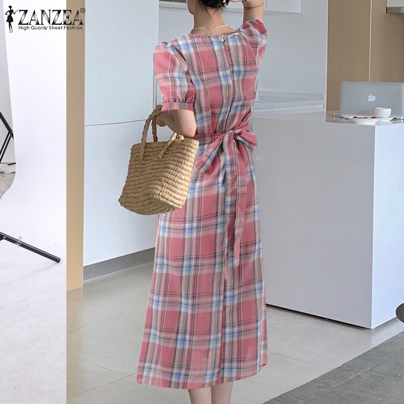 Đầm dài Zanzea tay lửng cổ vuông họa tiết sọc caro thời trang cho nữ