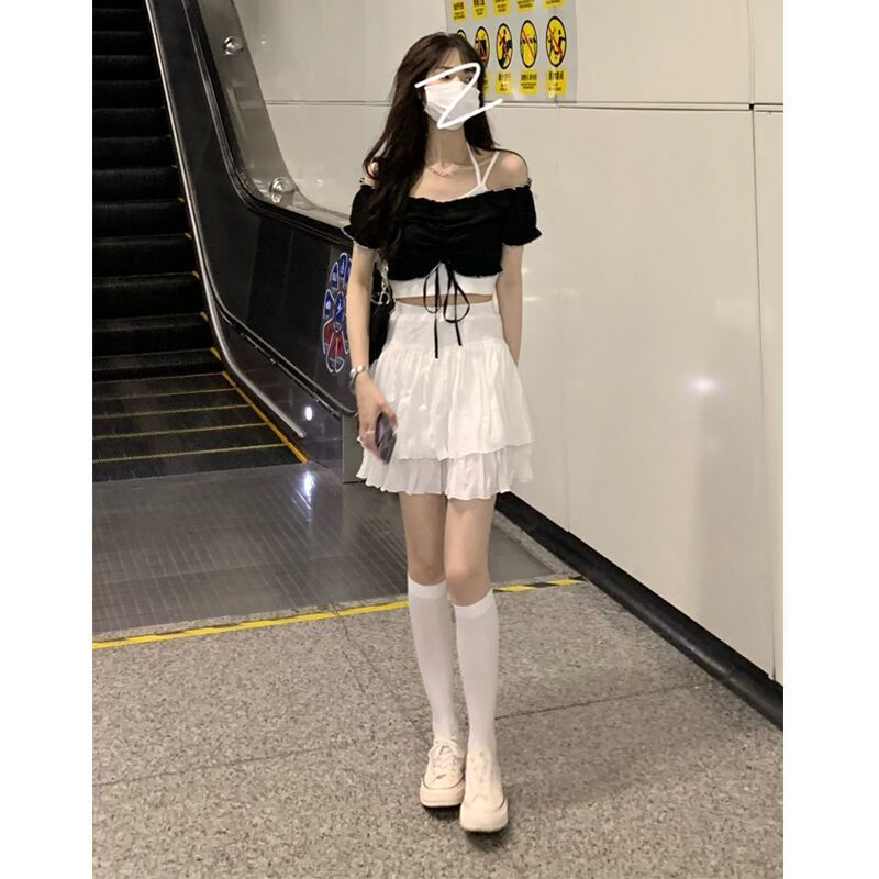 COZOK Set áo khoác ghi lê + áo thun ngắn tay + chân váy thời trang nữ