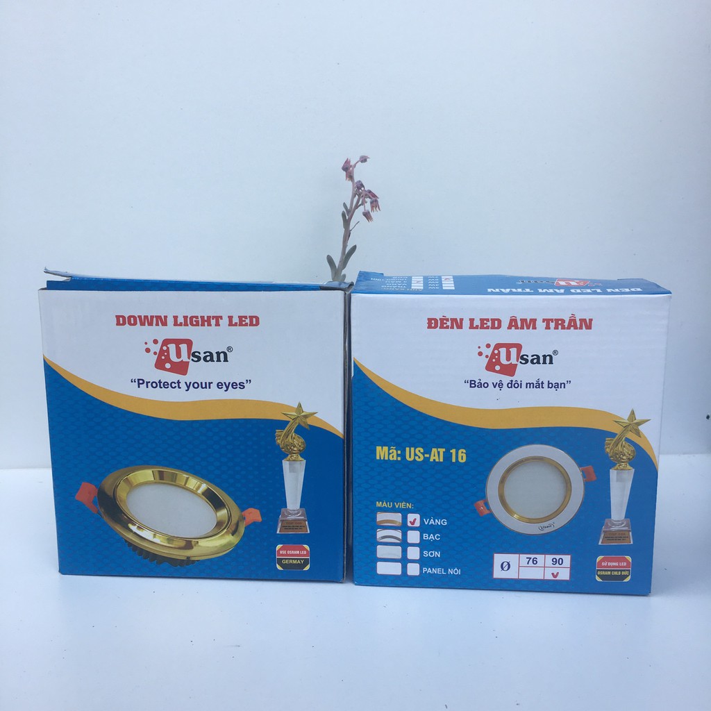 Đèn Led âm trần USAN-AT16 Φ76mm, Φ90mm viền vàng, viền bạc 3 màu chip led Osram