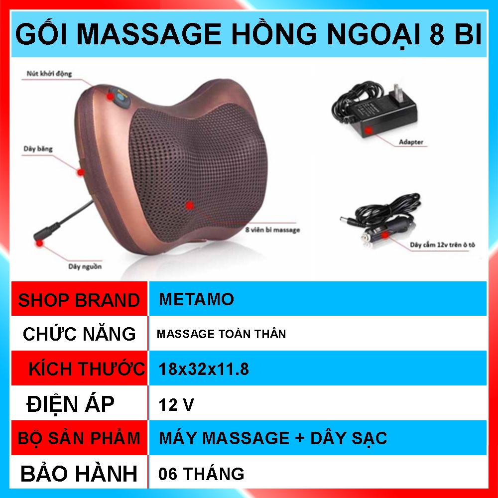 Gối massage cổ vai gáy hồng ngoại 8 bi METAMO, máy mát xa 2 chiều công nghệ Nhật Bản Cao Cấp