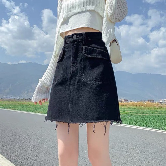 Chân váy jean cap cao tua gấu kèm quần trong _V32