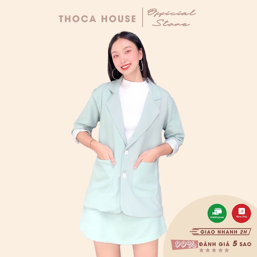 Set áo khoác vest 2 túi phối chân váy lưng thun THOCA HOUSE vải dày đi làm, đi học freesize dưới 56kg