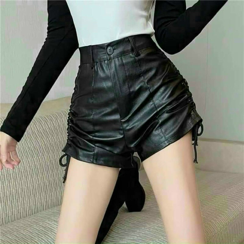Quần Đùi Da Rút Dây Hông Phong Cách Ulzzang