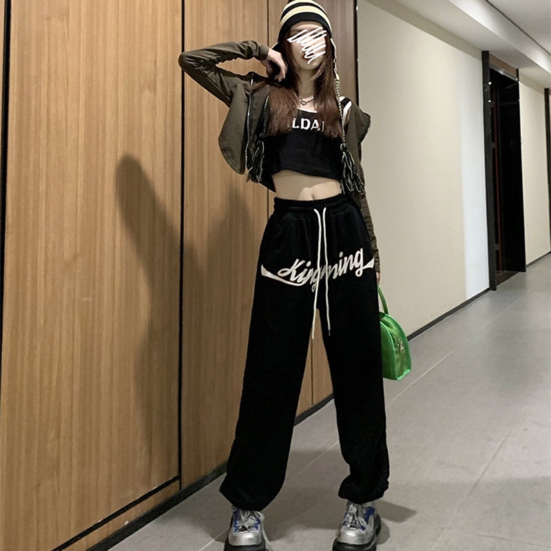 Quần Thể Thao Lưng Cao Ống Rộng In Họa Tiết Thời Trang