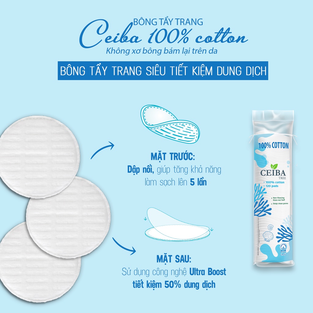 Bông Tẩy Trang Ceiba Cotton Siêu Tiết Kiệm Dung Dịch 80 Miếng