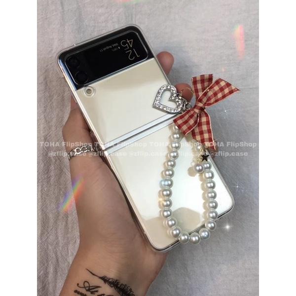 [CÓ SẴN] Ốp Samsung Z Flip 3 / Z Flip 4 đính trái tim đá và dây nơ cute / Z Flip3 / ZFlip3 / Z Flip4/ ZFlip4