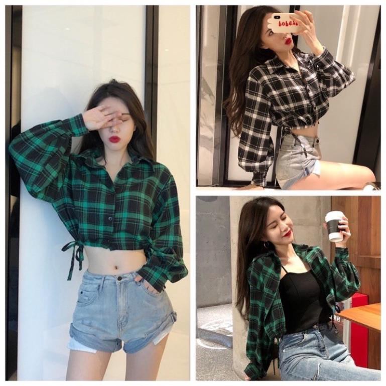 Áo Sơ Mi Caro Croptop Buộc Dây Áo Khoác Ngoài Phong Cách Phối Kiểu Trắng Đen Xanh Hồng Đỏ DRASM13 Mys hitshop