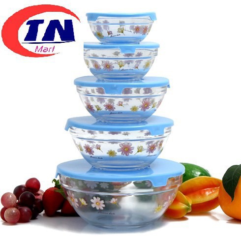 [Hot]-Bộ 5 Thố Thủy Tinh hoa có nắp Glass Bowl