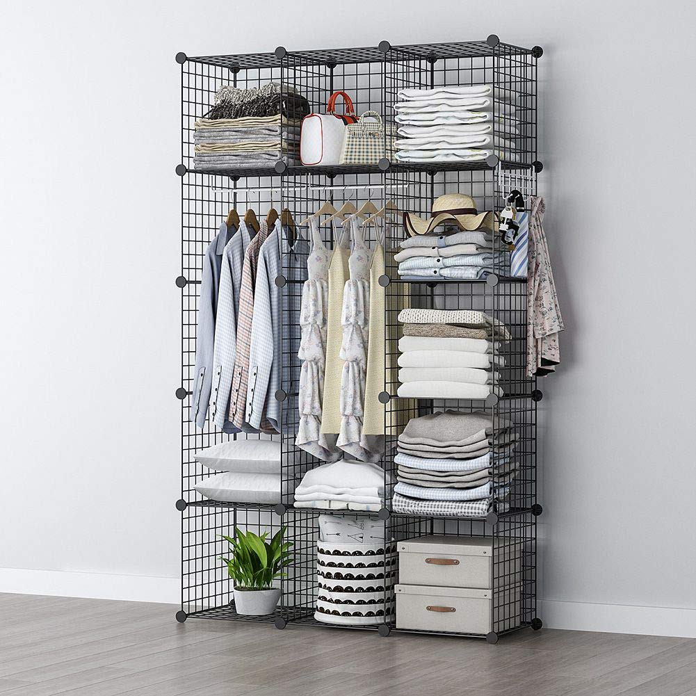 Kệ Tủ Treo Quần Áo Bằng Lưới Sắt Sơn Tĩnh Điện Màu Đen Gồm 2 Khoang Treo Và 9 Ô Đựng Đồ Kích Thước 105x140x35cm