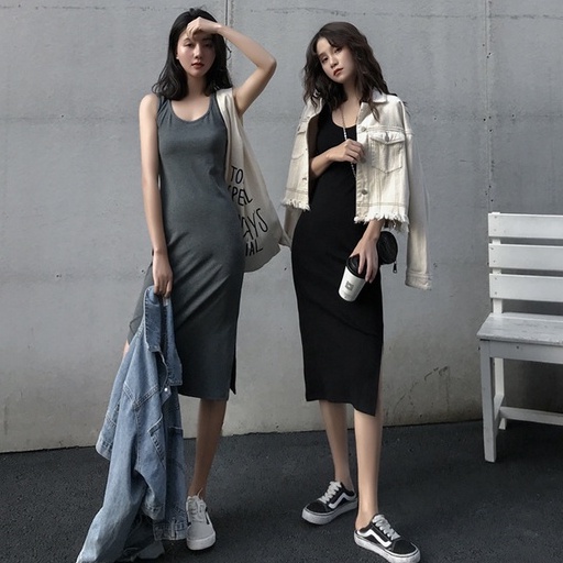 WANGJIAOZHAN Đầm Sling Thời Trang Dài Slit Mỏng Có Chiều Dài Trung
