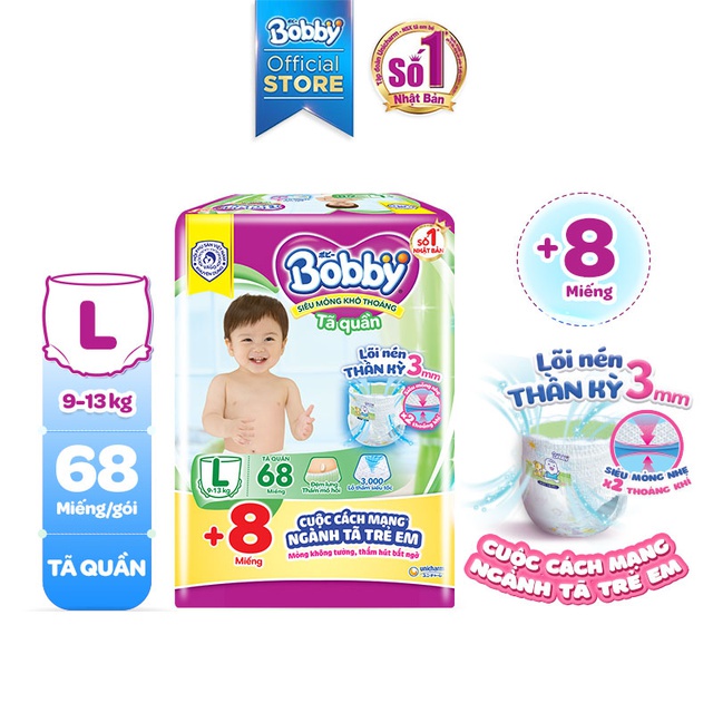 Tã Quần Bobby Siêu Thấm Khô Thoáng Size L68 (Lớp thấm mồ hôi lưng, cho bé 9-13kg)