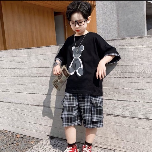 Bộ đồ bé trai CON XINH cotton phối quần caro Gấu nhồi bông,set quần đùi áo thun cho trẻ em từ 4 đến 10 tuổi