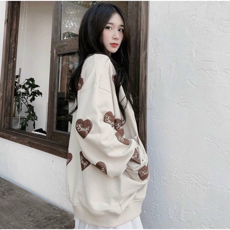 Áo Khoác Nỉ Bông Cardigan Hình Trái Tim Nâu Siêu Hot, Áo Lót Bông Nữ Unisex Form Rộng Freesize Dưới 70kg