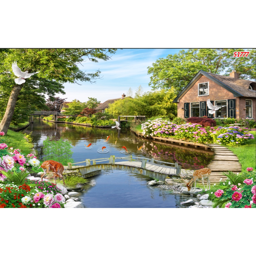 Tranh 3D phong cảnh thác nước chảy, sông suối nên thơ mẫu mới nhất hiện nay