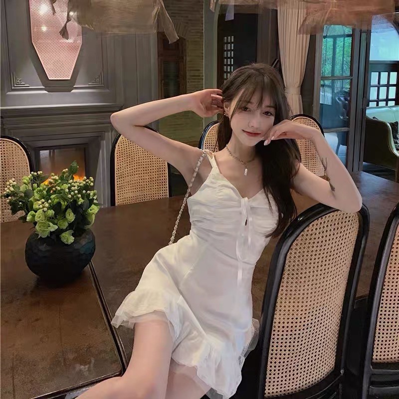 SẴN HÀNG🎀Đầm trắng hai dây ôm body trắng thắt nơ ngực đuôi cá phối ren dễ thương| Váy bánh bèo ulzzang có mút ngực | BigBuy360 - bigbuy360.vn