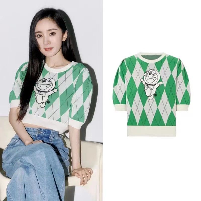 Áo Thun Dệt Kim Tay Ngắn Màu Sắc Tương Phản 165454 Áo Thun Tay Ngắn Cổ Tròn Họa Tiết Hình Thoi Độc Đáo