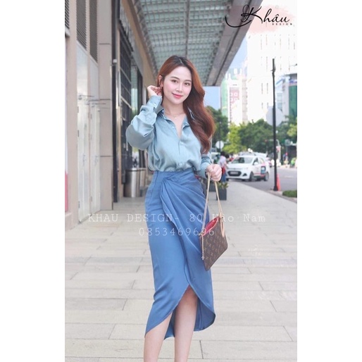 SET NỮ ÁO SƠ MI LỤA XANH MIX CVAY LỆCH TÀ