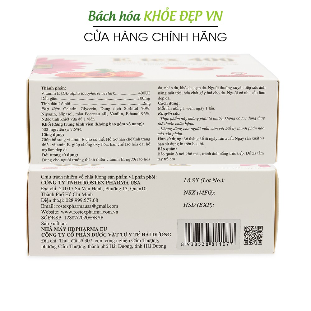 Vitamin E đỏ, dầu gấc, tinh dầu lô hội giúp đẹp da, giảm nám sạm da - Vỉ 30 viên [E Tex 400 Vỉ]