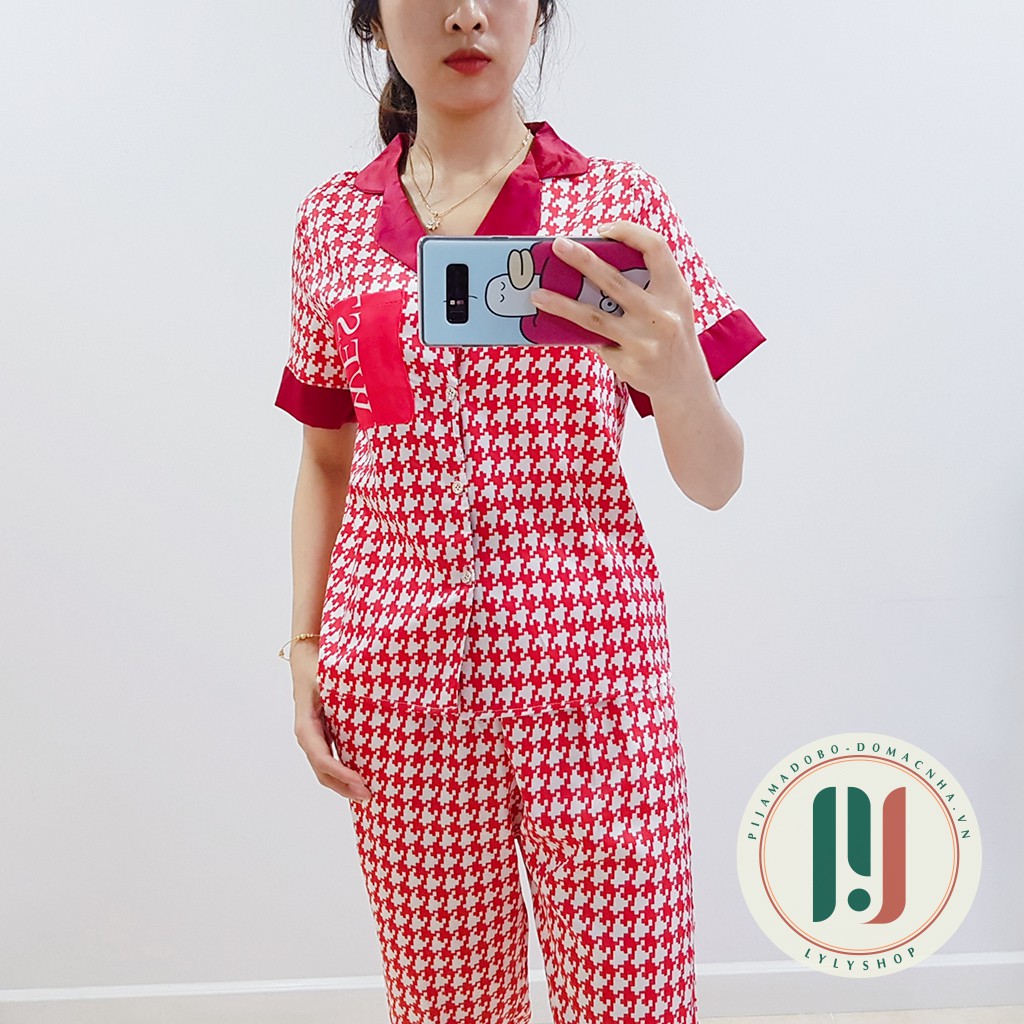 [HOÀN XU + MIỄN SHIP] Đồ bộ pijama, Đồ bộ nữ cao cấp mặc nhà họa tiết răng sói đáp túi lụa Latin mềm mịn, thoáng mát