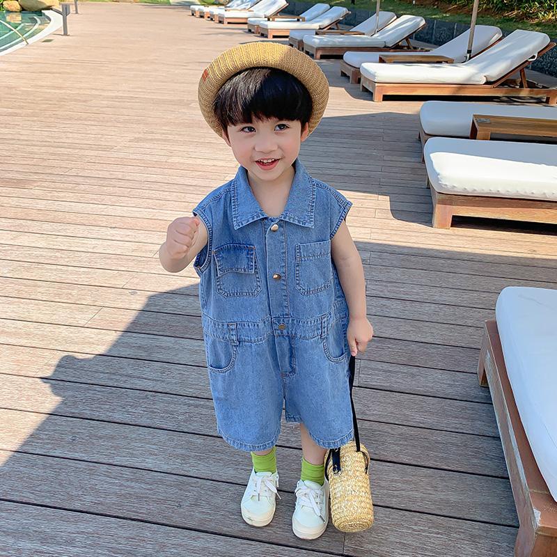 Bộ Áo Liền Quần Bằng Cotton Denim Tay Ngắn Thoải Mái Thời Trang Mùa Hè Cho Bé Trai