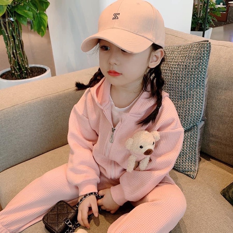 BỘ GẤU BÔNG MŨ KHOÁ HỒNG CHO BÉ( phom rộng)