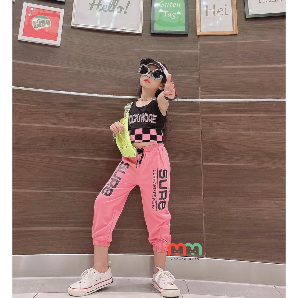 Bộ thể thao hiphop cá tính bé gái bộ đồ tập nhảy bé gái, áo croptop sát nách, quần jogger bo lai, thun mịn thấm hút tốt