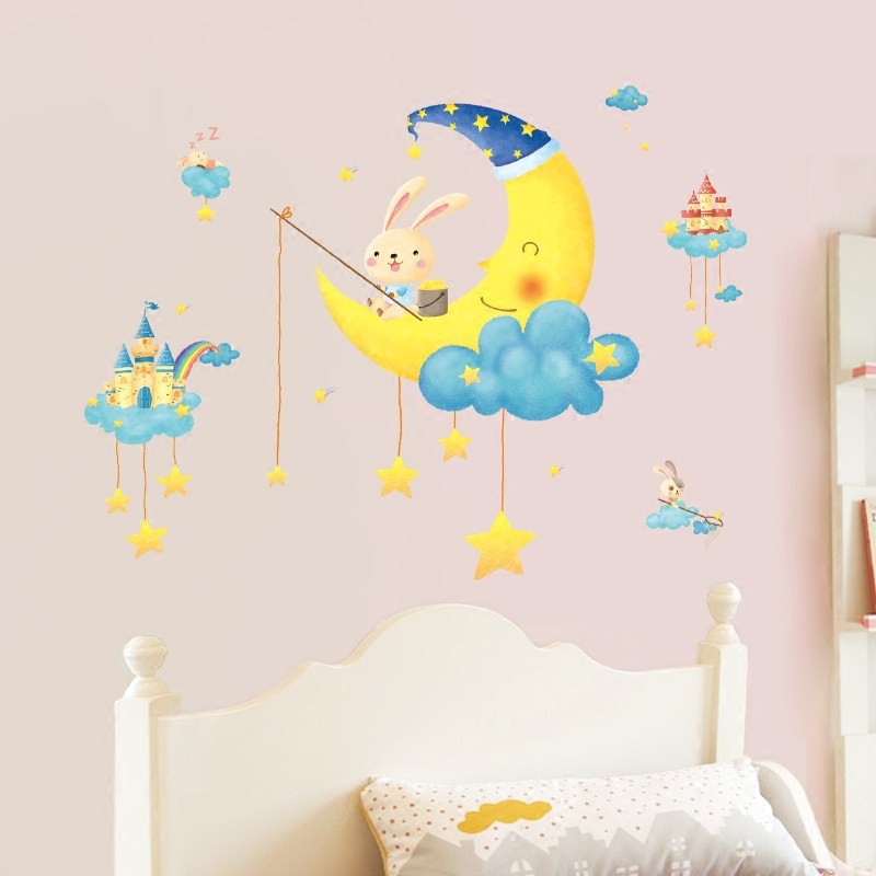 Decal dán tường trang trí phòng ngủ cho bé hình mặt trăng kích thước 126x97