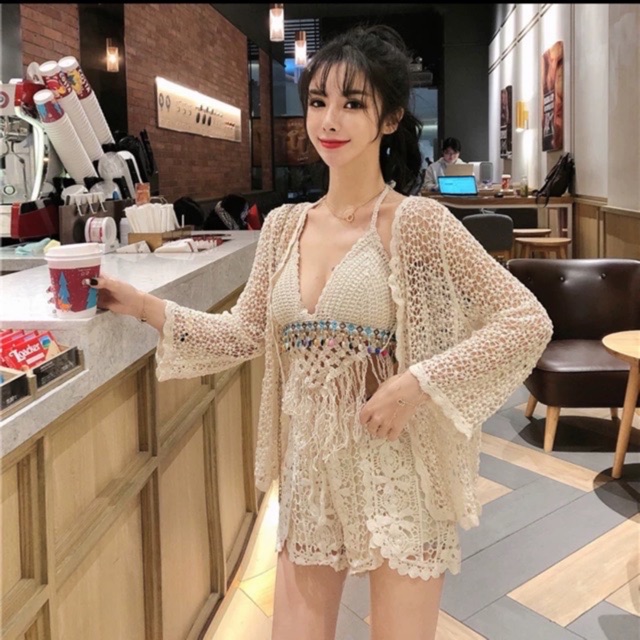 Set biển mới - set 3 món - áo bra yếm rua ngọc + quần xẻ vạt sexy + choàng ren hạt gạo tay thường (có tách rời)