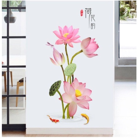 Decal giấy dán tường mẫu Hoa Sen Hông tươi trang nhã đẹp