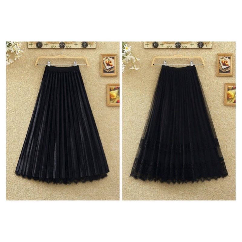 9933 Chân váy xòe xếp ly ren lụa mặc 2 mặt hàng cao cấp Quảng Châu