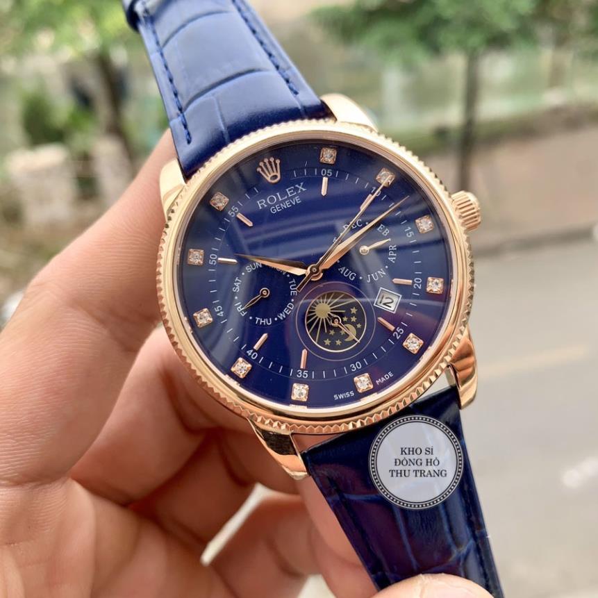 Đồng hồ Nam Rolex máy nhật, mẫu 6kim đính đá, mặt xanh viền vàng, dây da, dòng cơ Automatic size 40mm-41mm