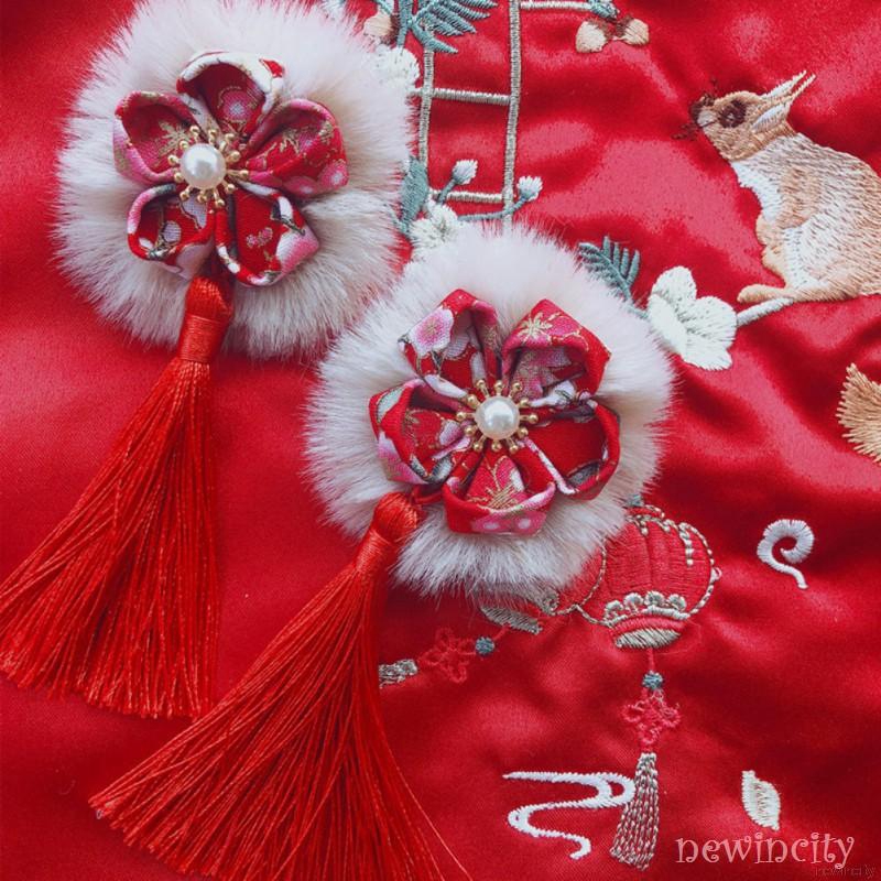 Kẹp tóc đính nơ hình bông hoa phong cách Trung Hoa xinh xắn cho bé gái