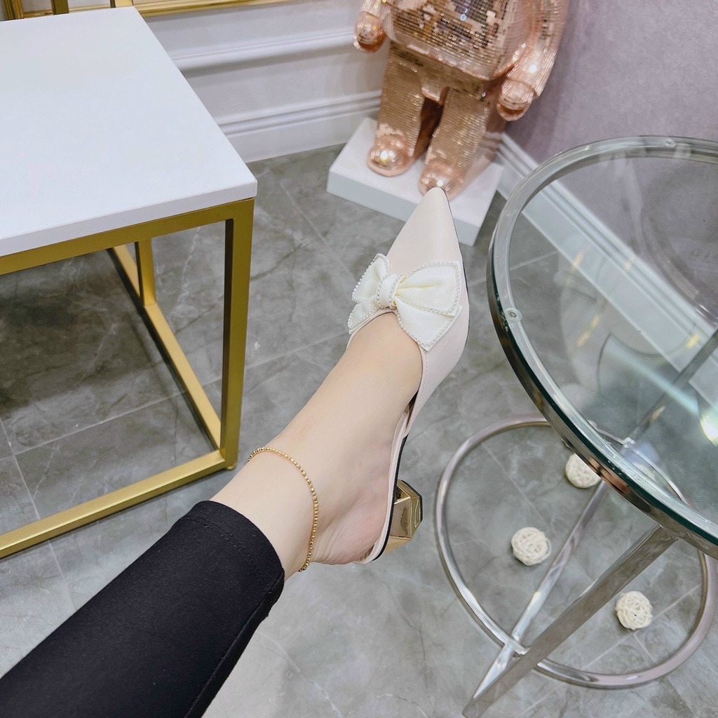GUỐC SỤC CAO GÓT LỤA NƠ VIỀN ĐÁ GÓT TRÒN VÀNG SANG XỊN