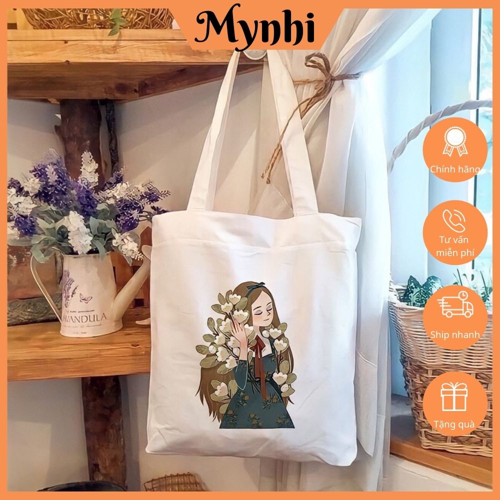 Túi tote vải đeo chéo đeo vai canvas in hoạ tiết cô gái SHOPMYNHI SMN249