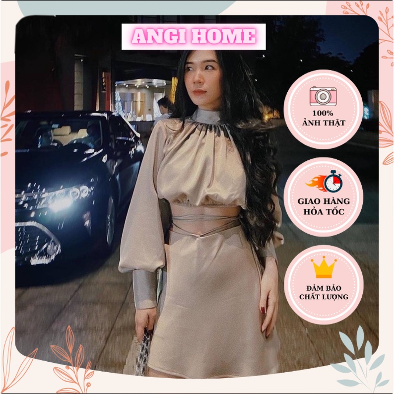 SET AO NUDE CỔ CAO NHÚN + CHÂN VÁY CỘT DÂY EO Angi Home