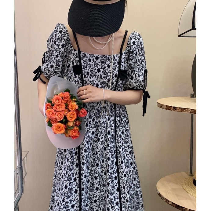 (SALE 40%) Váy 2 dây tay phồng che khuyết điểm - Đầm mặc 2 kiểu cổ vuông  hoặc bẹt vai xinh xắn thanh lịch