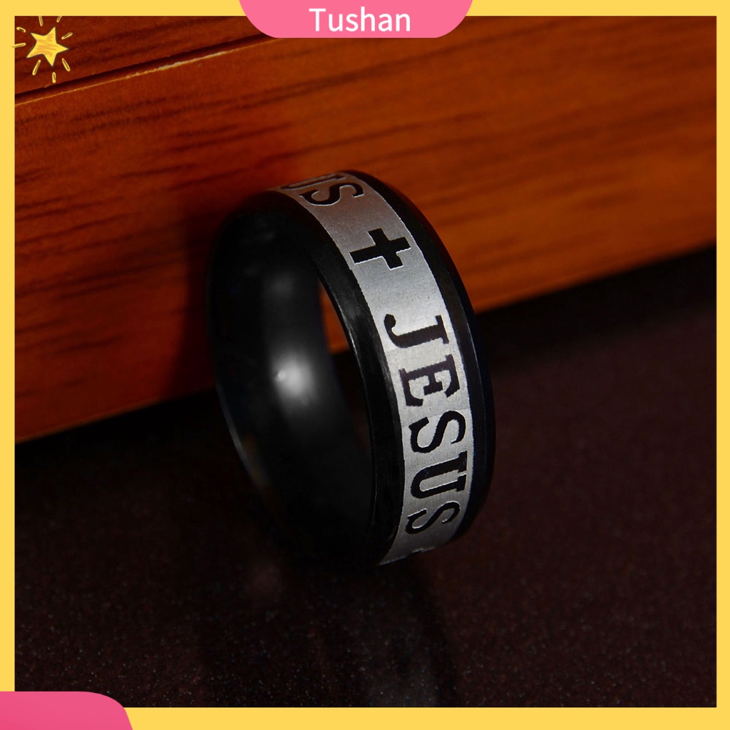 Nhẫn thép không gỉ họa tiết khắc thập giá và chữ Jesus độc đáo thời trang