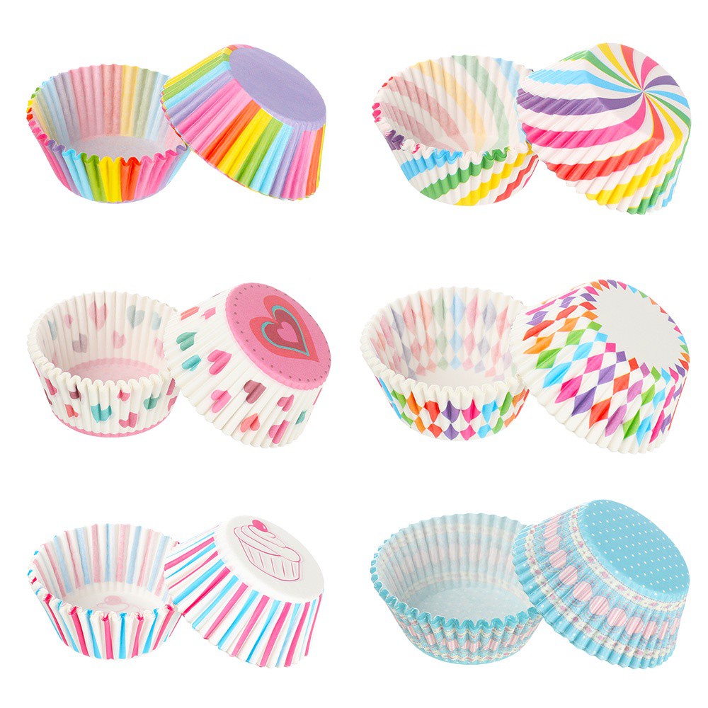 Set 100 Cốc Giấy Làm Bánh Cupcake Nhiều Màu Sắc Chống Dầu Tiện Dụng Diy