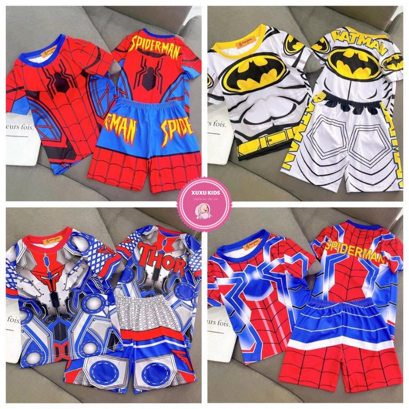Bộ cộc tay cho bé trai chất thun lạnh in 3D spider man, siêu nhân,thor, captain americar Xu Xu Kids